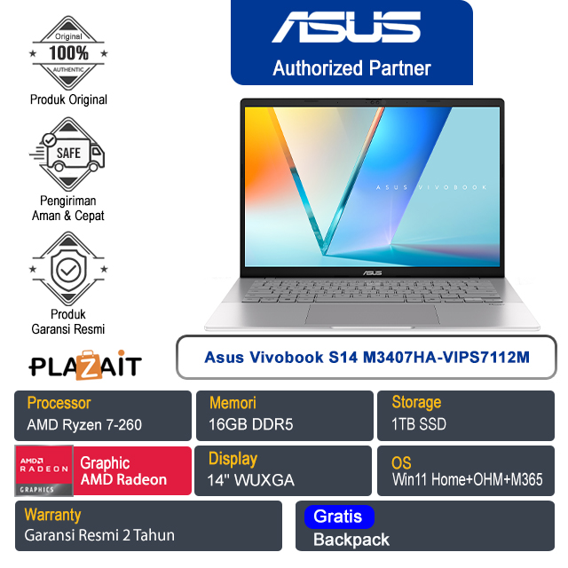 Asus Vivobook S14 M3407HA-VIPS7112M /AMD Ryzen 7-260/16GB/1TB SSD/AMD Radeon Graphics/14" WUXGA/Win 11 Home+OHM+M365/Cool Silver/2Y
