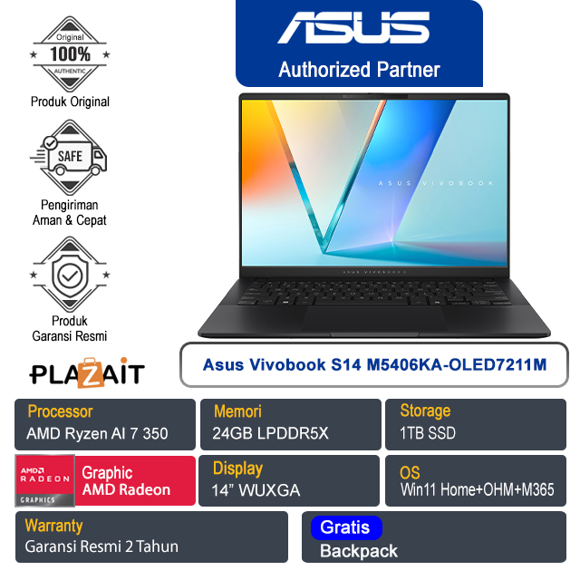 Asus Vivobook S14 M5406KA-OLED7211M /AMD Ryzen AI 7 350/24GB/1TB SSD/AMD Radeon Graphics/14" WUXGA/Win 11 Home+OHM+M365/Neutral Black/2Y