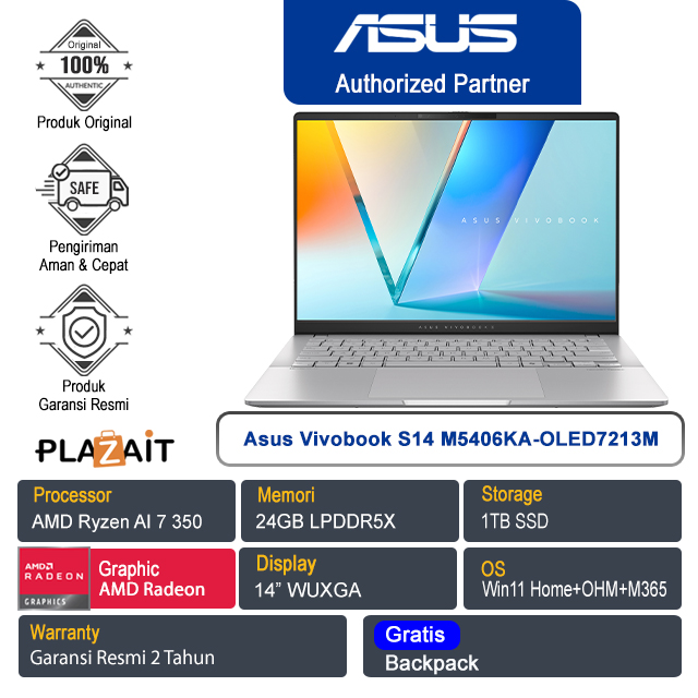 Asus Vivobook S14 M5406KA-OLED7213M /AMD Ryzen AI 7 350/24GB/1TB SSD/AMD Radeon Graphics/14" WUXGA/Win 11 Home+OHM+M365/Cool Silver/2Y
