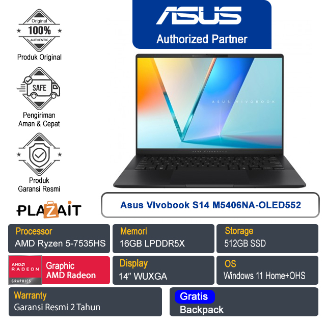 Asus Vivobook S14 M5406NA-OLED552 /AMD Ryzen 5-7535HS/16GB/512GB SSD/AMD Radeon Graphics/14" WUXGA/Win 11 Home+OHS 2021/Neutral Black/2Y