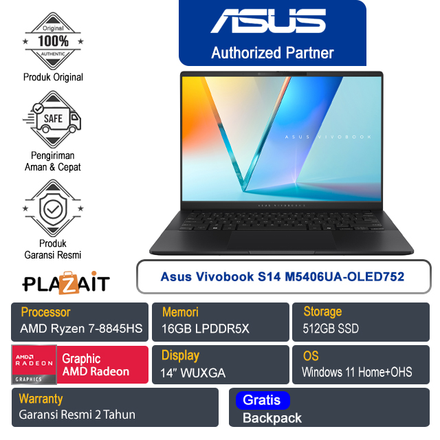 Asus Vivobook S14 M5406UA-OLED752 /AMD Ryzen 7-8845HS/16GB/512GB SSD/AMD Radeon Graphics/14" WUXGA/Win 11 Home+OHS 2021/Neutral Black/2Y