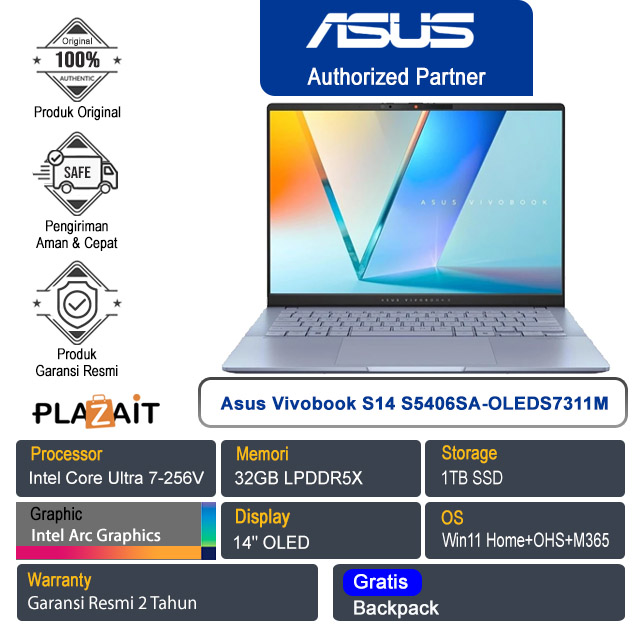 Asus Vivobook S14 OLED S5406SA-OLEDS7312M /Intel Core Ultra 7-256V/32GB/1TB SSD/Intel Arc Graphics/14" OLED/Win 11 Home+OHM+M365/Mist Blue/2Y