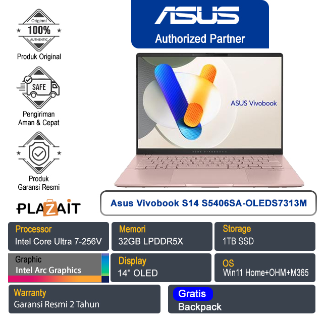 Asus Vivobook S14 OLED S5406SA-OLEDS7313M /Intel Core Ultra 7-256V/32GB/1TB SSD/Intel Arc Graphics/14" OLED/Win 11 Home+OHM+M365/Rose Gold/2Y
