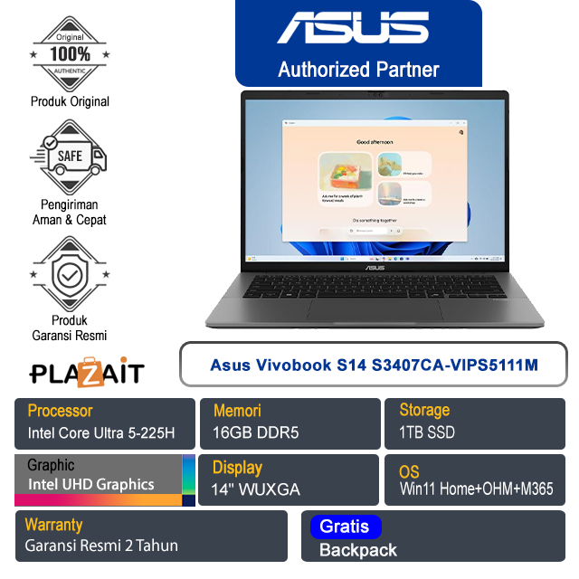 Asus Vivobook S14 S3407CA-VIPS5111M /Intel Core Ultra 5-225H/16GB/1TB SSD/Intel UHD Graphics/14" WUXGA/Win 11 Home+OHM+M365/Matte Gray/2Y