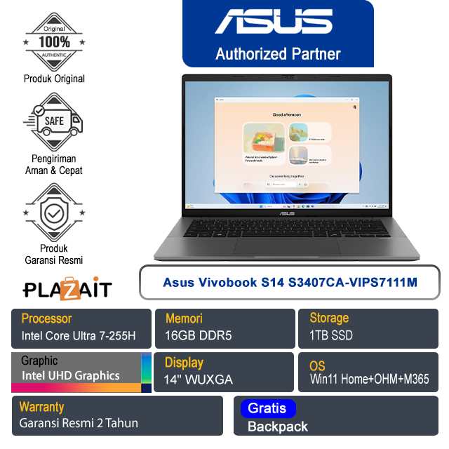 Asus Vivobook S14 S3407CA-VIPS7111M /Intel Core Ultra 7-255H/16GB/1TB SSD/Intel UHD Graphics/14" WUXGA/Win 11 Home+OHM+M365/Matte Gray/2Y