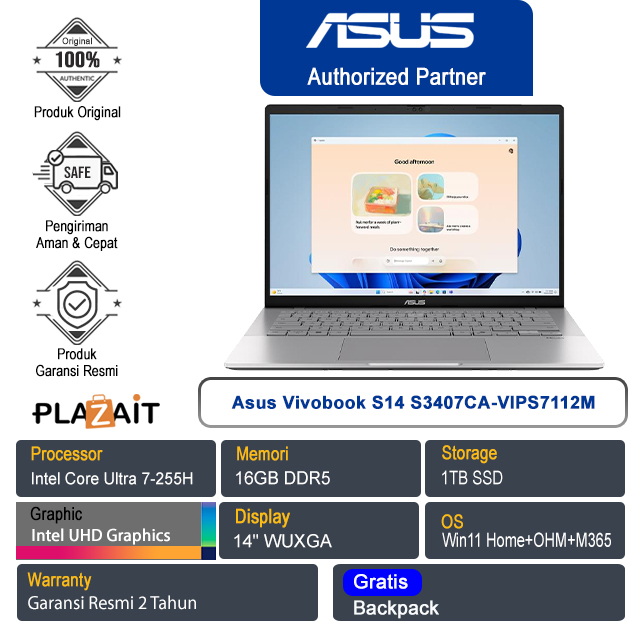Asus Vivobook S14 S3407CA-VIPS7112M /Intel Core Ultra 7-255H/16GB/1TB SSD/Intel UHD Graphics/14" WUXGA/Win 11 Home+OHM+M365/Cool Silver/2Y