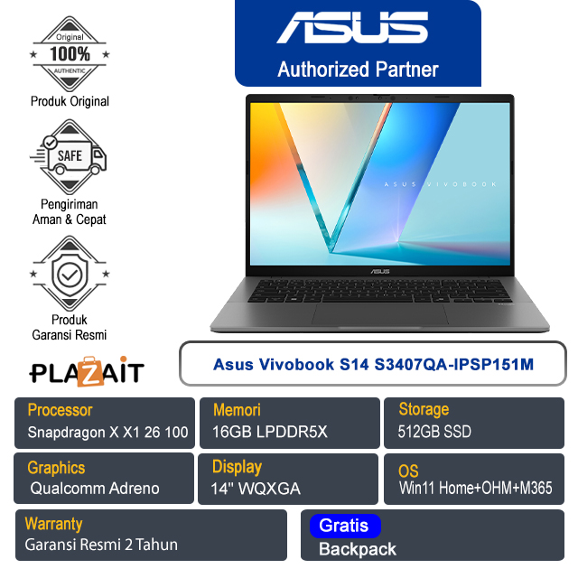 Asus Vivobook S14 S3407QA-IPSP151M /Snapdragon X X1 26 100/16GB/512GB SSD/Qualcomm Adreno/14" WQXGA/Win 11 Home+OHM+M365/Matte Gray/2Y