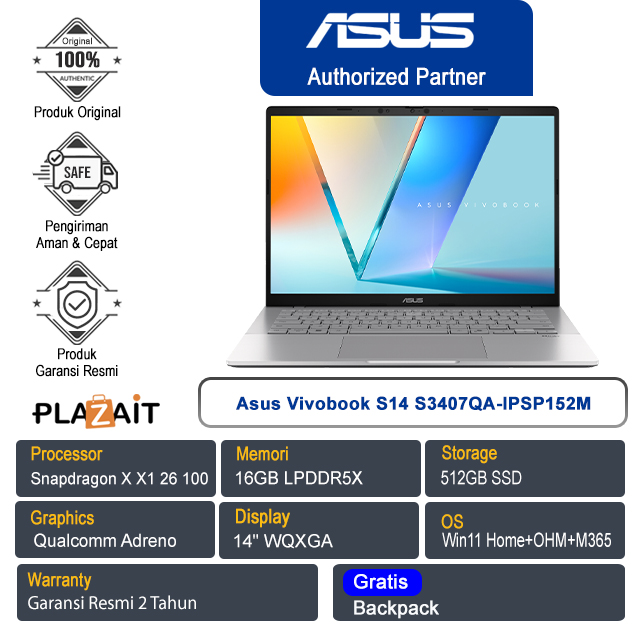 Asus Vivobook S14 S3407QA-IPSP152M /Snapdragon X X1 26 100/16GB/512GB SSD/Qualcomm Adreno/14" WQXGA/Win 11 Home+OHM+M365/Cool Silver/2Y