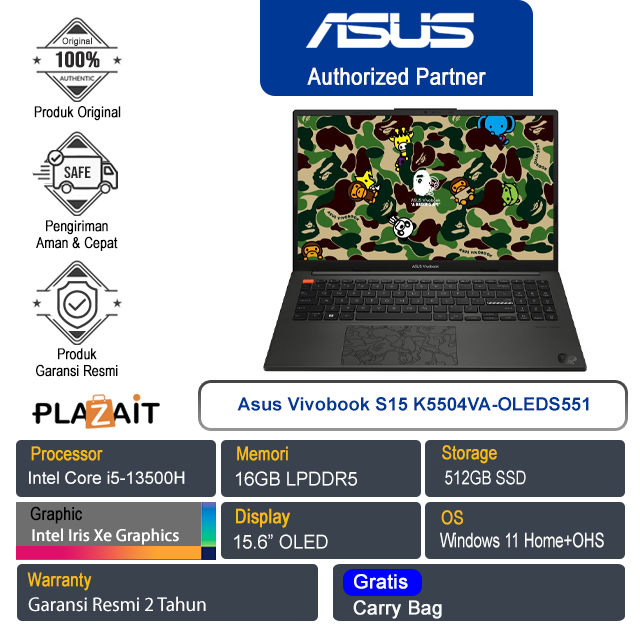 Asus Vivobook S15 K5504VA-OLEDS551/Intel Core i5-13500H/16GB/512GB SSD/Intel Iris Xᵉ Graphics/15.6" OLED/Win 11 Home+OHS/Midnight Black/2Y