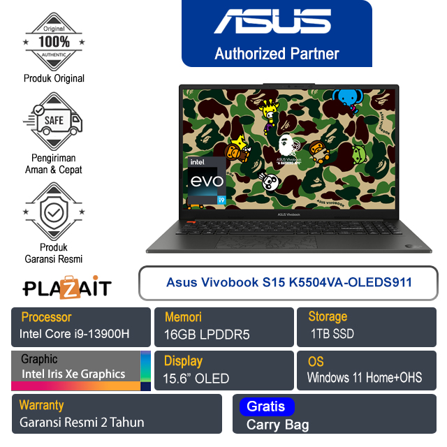 Asus Vivobook S15 K5504VA-OLEDS911/Intel Core i9-13900H/16GB/1TB SSD/Intel Iris Xᵉ Graphics/15.6" OLED/Win 11 Home+OHS/Midnight Black/2Y