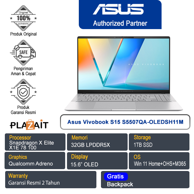 Asus Vivobook S15 S5507QA-OLEDSH11M /Snapdragon X Elite X1E 78 100/32GB/1TB SSD/Qualcomm Adreno/15.6" OLED/Win 11 Home+OHS+M365/Cool Silver/2Y