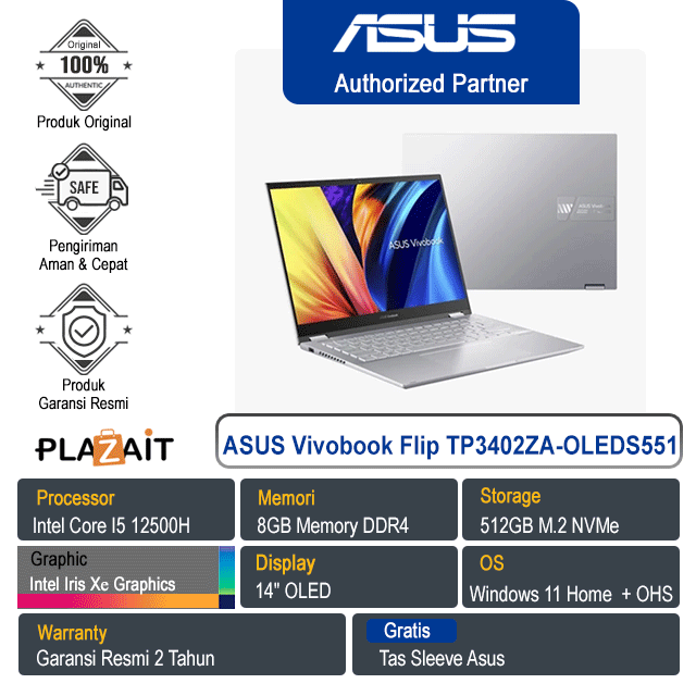 Asus Vivobook TP3402ZA-OLEDS551 /Intel Core i5-12500H/8GB/512GB SSD//Intel Iris Xe Graphics/14"OLED/Win11+OHS/Transparent Silver/2Y