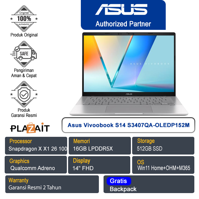 Asus Vivoobook S14 OLED S3407QA-OLEDP152M /Snapdragon X X1 26 100/16GB/512GB SSD/Qualcomm Adreno GPU/14" FHD/Win 11 Home+OHM+M365/Cool Silver/2Y