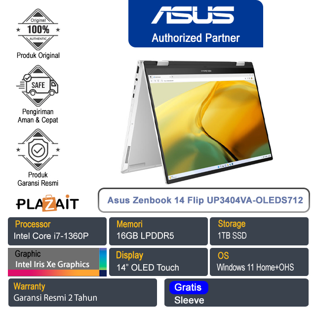 Asus Zenbook 14 Flip UP3404VA-OLEDS712/Intel Core i7-1360P EVO/16GB/1TB SSD/Intel Iris Xe Graphics/14" OLED Touch/Win 11 Home + OHS/Foggy Silver/2Y