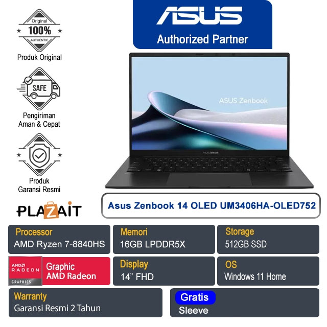 Asus Zenbook 14 OLED UM3406HA-OLED752 /AMD Ryzen 7-8840HS/16GB/512GB SSD/AMD Radeon Graphics/14" FHD/Win 11 Home/Jade Black/2Y