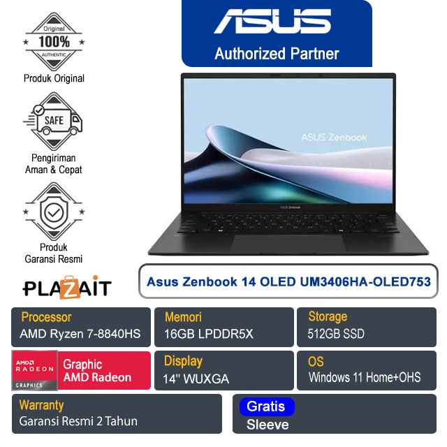 Asus Zenbook 14 OLED UM3406HA-OLED753 /AMD Ryzen 7-8840HS/16GB/512GB SSD/AMD Radeon Graphics/14" WUXGA /Win 11 Home+OHS/Jade Black/2Y