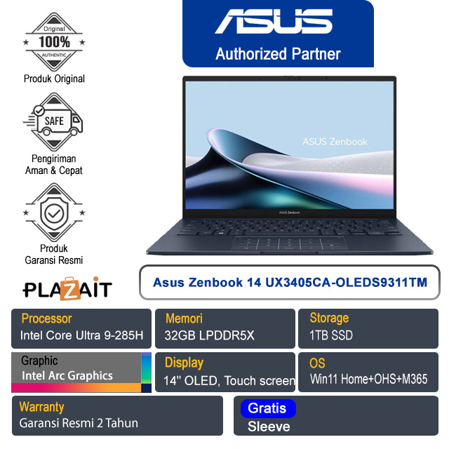 Asus Zenbook 14 OLED UX3405CA-OLEDS9311TM /Intel Core Ultra 9-285H/32GB/1TB SSD/Intel Arc Graphics/14" OLED Touch/Win 11 Home+OHS+M365/Ponder Blue/2Y