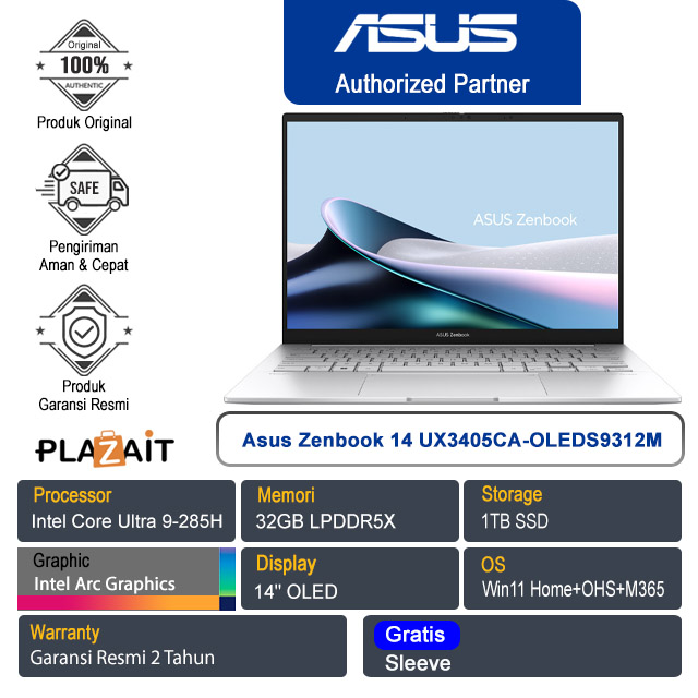 Asus Zenbook 14 OLED UX3405CA-OLEDS9312M /Intel Core Ultra 9-285H/32GB/1TB SSD/Intel Arc Graphics/14" OLED/Win 11 Home+OHS+M365/Foggy Silver/2Y