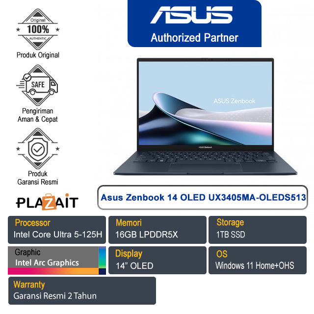 Asus Zenbook 14 OLED UX3405MA-OLEDS513 /Intel Core Ultra 5-125H/16GB/1TB SSD/Intel Arc Graphics/14″OLED/Win 11 Home+OHS 2021/Ponder Blue/2Y