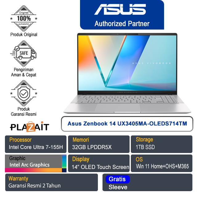 Asus Zenbook 14 OLED UX3405MA-OLEDS714TM /Intel Core Ultra 7-155H/32GB/1TB SSD/Intel Arc Graphics/14" OLED Touch/Win 11 Home+OHS+M365/Foggy Silver/2Y