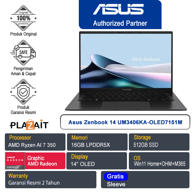 Asus Zenbook 14 UM3406KA-OLED7151M /AMD Ryzen AI 7-350/16GB/512GB SSD/AMD Radeon Graphics/14" OLED/Win 11 Home+OHS+M365/Jade Black/2Y