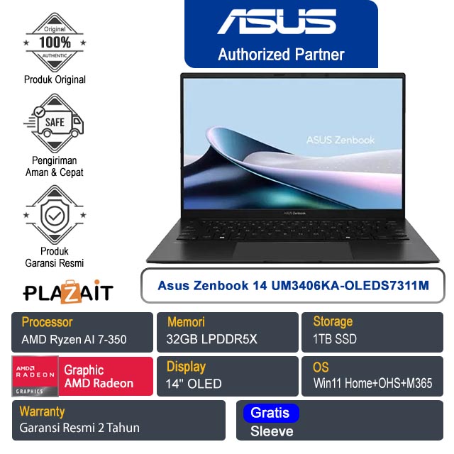 Asus Zenbook 14 UM3406KA-OLEDS7311M /AMD Ryzen AI 7-350/32GB/1TB SSD/AMD Radeon Graphics/14" OLED/Win 11 Home+OHS+M365/Jade Black/2Y
