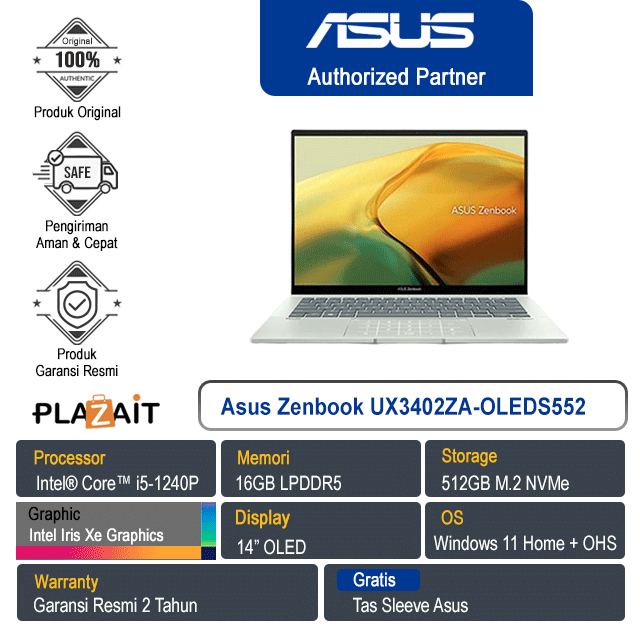 Asus Zenbook 14 UX3402ZA-OLEDS552 /Intel Core i5-1240P/16GB/512GB SSD/Intel Iris Xe Graphics/14"OLED/Win 11+OHS/Aqua Celadon/2Y