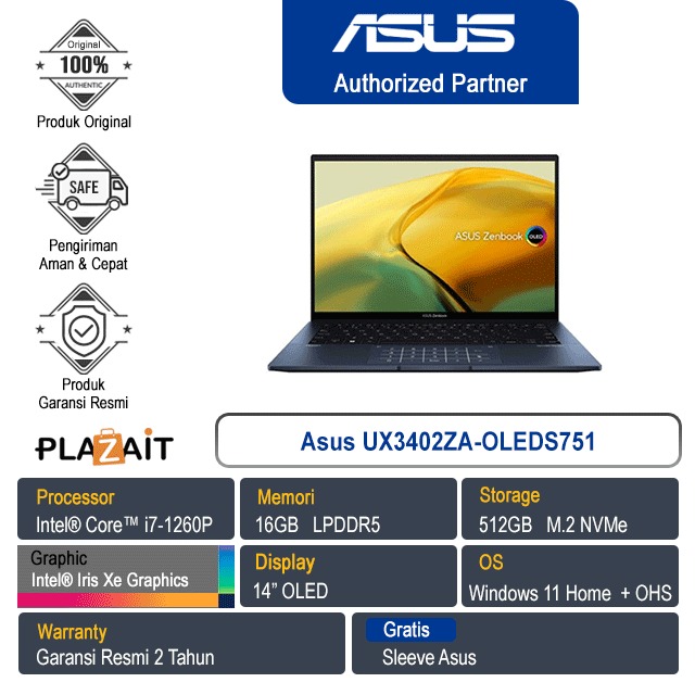 Asus Zenbook 14 UX3402ZA-OLEDS751 /Intel Core i7-1260P/16GB/512GB SSD/Intel Iris Xe Graphics/14"OLED/ Win 11+OHS/Ponder Blue/2Y