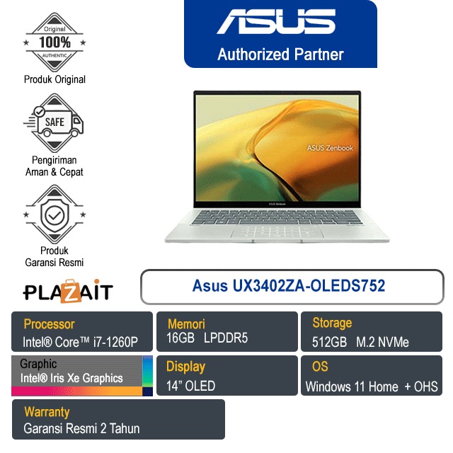 Asus Zenbook 14 UX3402ZA-OLEDS752 /Intel Core i7-1260P/16GB/512GB SSD/Intel Iris Xe Graphics/14" OLED/Win 11+OHS/Aqua Celadon/2Y