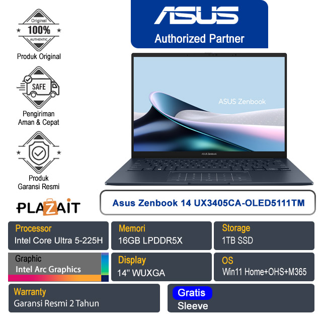 Asus Zenbook 14 UX3405CA-OLED5111TM /Intel Core Ultra 5-225H/16GB/1TB SSD/Intel Arc Graphics/14" WUXGA Touch/Win 11 Home+OHS+M365/Ponder Blue/2Y