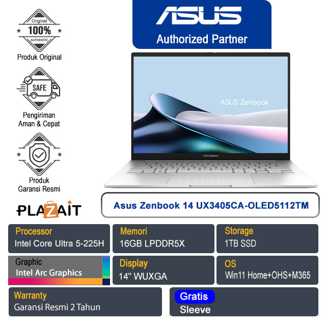 Asus Zenbook 14 UX3405CA-OLED5112TM /Intel Core Ultra 5-225H/16GB/1TB SSD/Intel Arc Graphics/14" WUXGA Touch/Win 11 Home+OHS+M365/Foggy Silver/2Y
