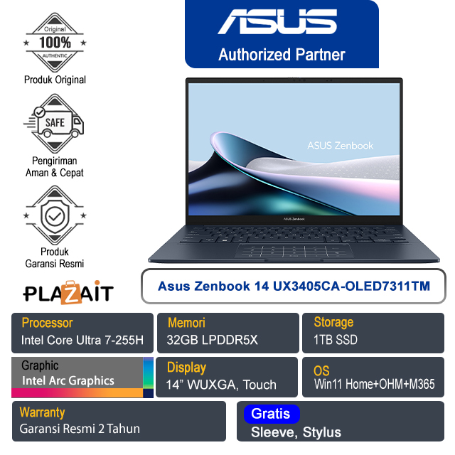 Asus Zenbook 14 UX3405CA-OLED7311TM /Intel Core Ultra 7-255H/32GB/1TB SSD/	Intel Arc Graphics/14" WUXGA/Win 11 Home+OHM+M365/Ponder Blue/2Y