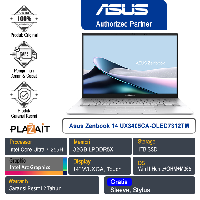Asus Zenbook 14 UX3405CA-OLED7312TM /Intel Core Ultra 7-255H/32GB/1TB SSD/Intel Arc Graphics/14" WUXGA/Win 11 Home+OHM+M365/Foggy Silver/2Y