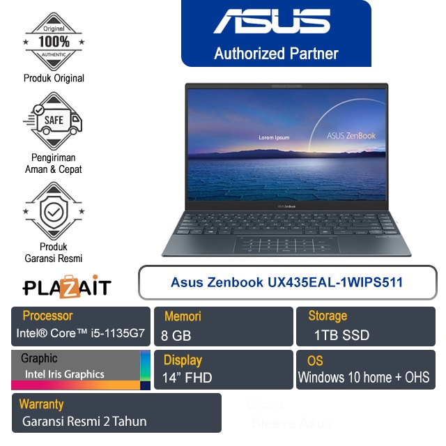 Asus ZenBook 14 UX435EAL-1WIPS511/Core i5-1135G7/8GB/1TB SSD/14″/Win 10 Home+OHS 2019/Pine Grey