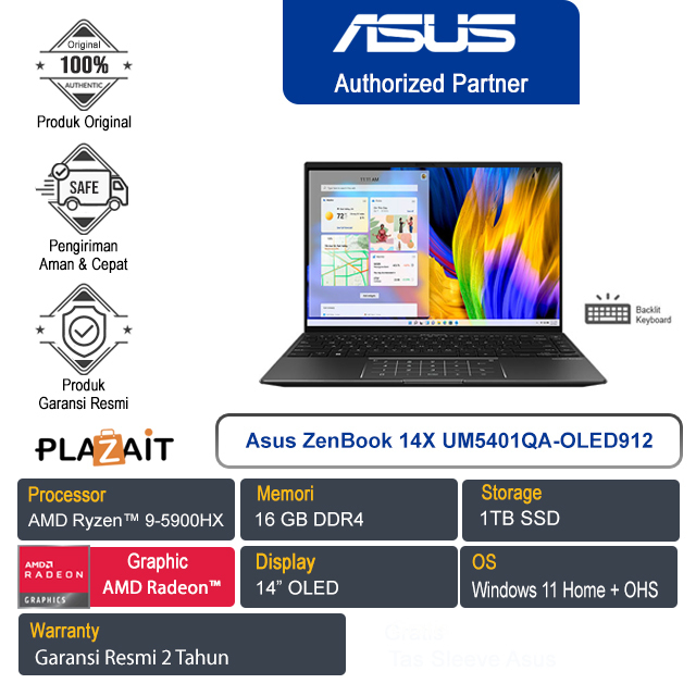 Asus ZenBook 14X UM5401QA-OLED912 /AMD Ryzen 9-5900HX/16GB/1TB SSD/14″OLED /Windows 11 Home+OHS 2021/Jade Black/2Y