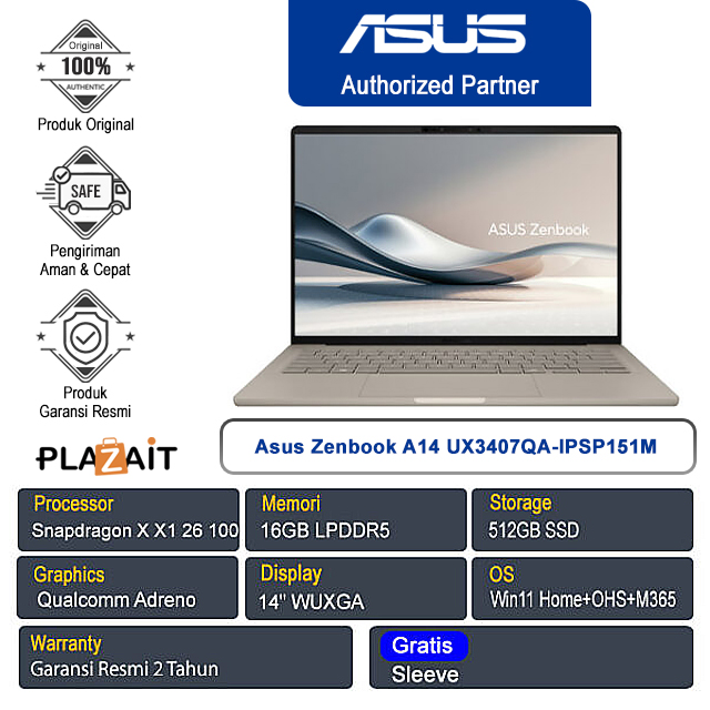 Asus Zenbook A14 UX3407QA-IPSP151M /Snapdragon X X1 26 100/16GB/512GB SSD/Qualcomm Adreno GPU/14" WUXGA/Win 11 Home+OHS+M365/Zabriskie Beige/2Y