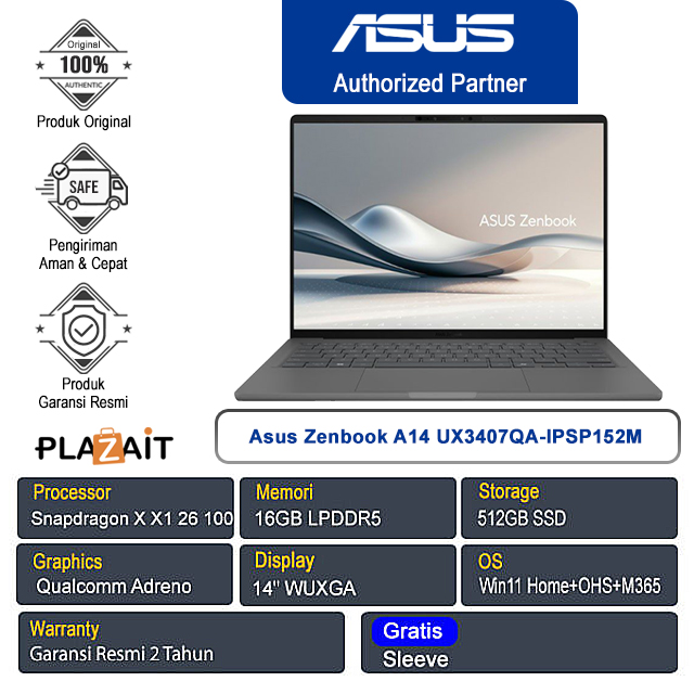 Asus Zenbook A14 UX3407QA-IPSP152M /Snapdragon X X1 26 100/16GB/512GB SSD/Qualcomm Adreno GPU/14" WUXGA/Win 11 Home+OHS+M365/Iceland Gray/2Y
