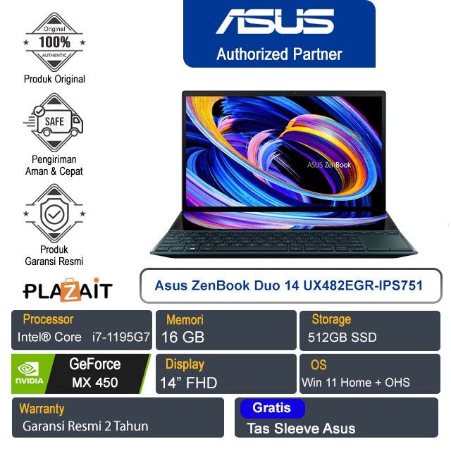 Asus ZenBook Duo 14 UX482EGR-IPS751 /Intel Core i7-1195G7/16GB/512GB SSD/MX450 2GB/14″ Touch/Win 11 Home+OHS 2021/Celestial Blue/2Y