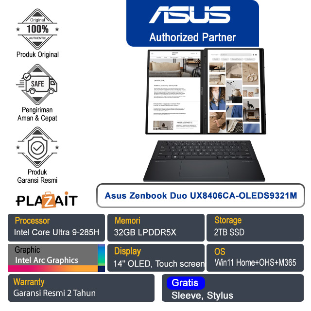 Asus Zenbook Duo UX8406CA-OLEDS9321M /Intel Core Ultra 9-285H/32GB/2TB SSD/Intel Arc Graphics/14" OLED Touch/Win 11 Home+OHS+M365/Inkwell Gray/2Y