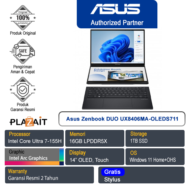 Asus Zenbook Duo UX8406MA-OLEDS711 /Intel Core Ultra 7-155H/16GB/1TB SSD/Intel Arc Graphics/14" OLED/Win 11 Home+OHS/Inkwell Gray/2Y