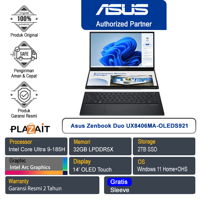 Asus Zenbook Duo UX8406MA-OLEDS921 /Intel Core Ultra 9-185H/32GB/2TB SSD/Intel Arc Graphics/14″ OLED Touch/Win 11 Home+OHS 2021/Jade Black/2Y