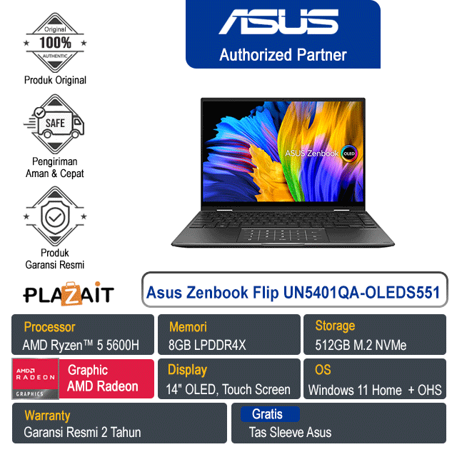 ASUS Zenbook Flip UN5401QA-OLEDS551 /AMD Ryzen 5 5600H/16GB/512GB SSD/AMD Radeon Graphics/14"OLED/Win11+OHS/Jade Black/2Y