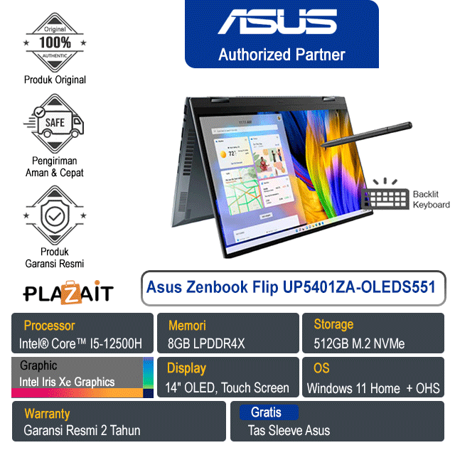 Asus ZenBook Flip UP5401ZA-OLEDS551 /Intel Core i5 -12500H/8GB/512GB SSD/Intel Iris Xe/14" OLED/Win11+OHS/Pine Grey/2Y