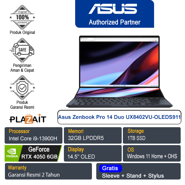 Asus Zenbook Pro 14 Duo OLED UX8402VU-OLEDS911/Intel Core i9-13900H/32GB/1TB SSD/NVIDIA GeForce RTX 4050 6GB/14.5" OLED/Win 11 Home+OHS/Tech Black/2Y