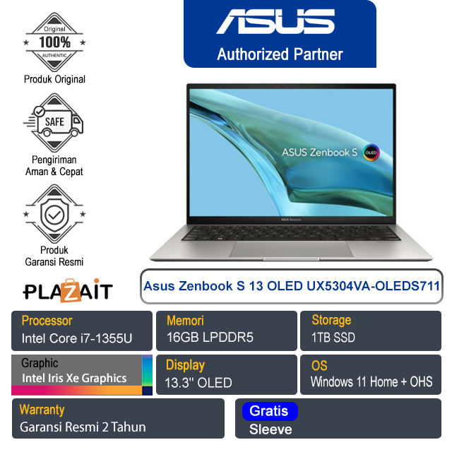 Asus Zenbook S 13 OLED UX5304VA-OLEDS711/Intel Core i7-1355U EVO/16GB/1TB SSD/Intel Iris Xe Graphics/13.3″OLED /Win 11 Home+OHS/Basalt Grey/2Y