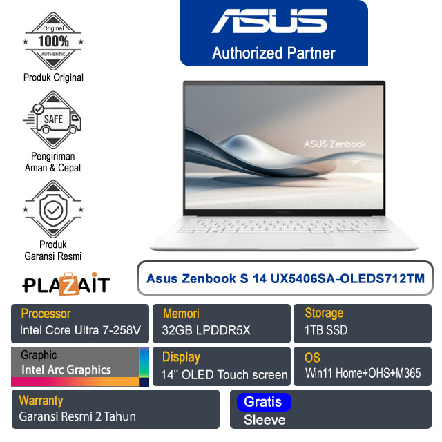 Asus Zenbook S 14 OLED UX5406SA-OLEDS712TM /Intel Core Ultra 7-258V/32GB/1TB SSD/Intel Arc Graphics/14" OLED Touch/Win 11 Home+OHS 2021+M365/Scandinavian White/2Y