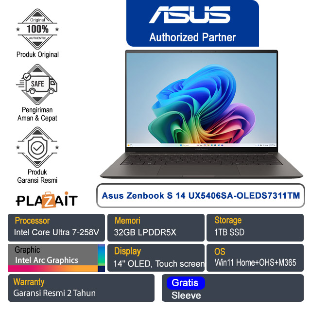 Asus Zenbook S 14 UX5406SA-OLEDS7311TM /Intel Core Ultra 7-258V /32GB/1TB SSD/Intel Arc Graphics/14" OLED Touch/Win 11 Home+OHS+M365/Zumaia Gray/2Y