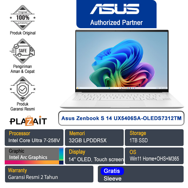Asus Zenbook S 14 UX5406SA-OLEDS7312TM /Intel Core Ultra 7-258V /32GB/1TB SSD/Intel Arc Graphics/14" OLED Touch/Win 11 Home+OHS+M365/Scandinavian White/2Y