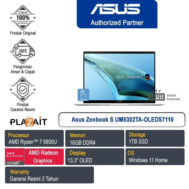 Asus ZenBook S UM5302TA-OLEDS7110 /AMD Ryzen7-6800U /16GB/1TB/Refined White/Windows 11 + OHS 2021/2Y