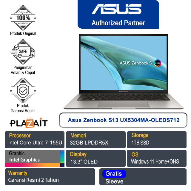 Asus Zenbook S13 UX5304MA-OLEDS712 /Intel Core Ultra 7-155U/32GB/1TB SSD/Intel Graphics/13.3" OLED/Win 11 Home+OHS 2021/Basalt Grey/2Y